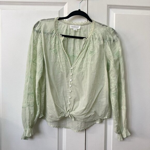 Velvet by Graham & Spencer Blouse Womens XS Embroidered Tie Front Sheer Boho - Picture 1 of 6
